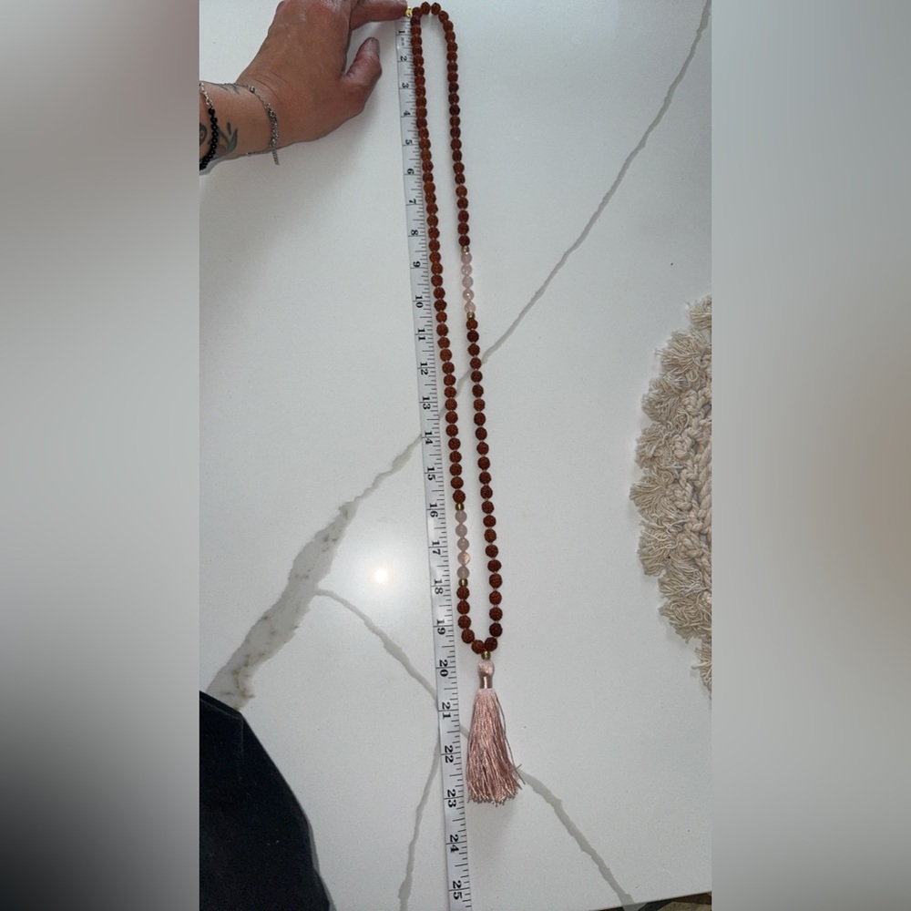 Satya Jewelry Brown Rudraksha & Pink Rose Quartz Tassel Necklace - Picture 2 of 3